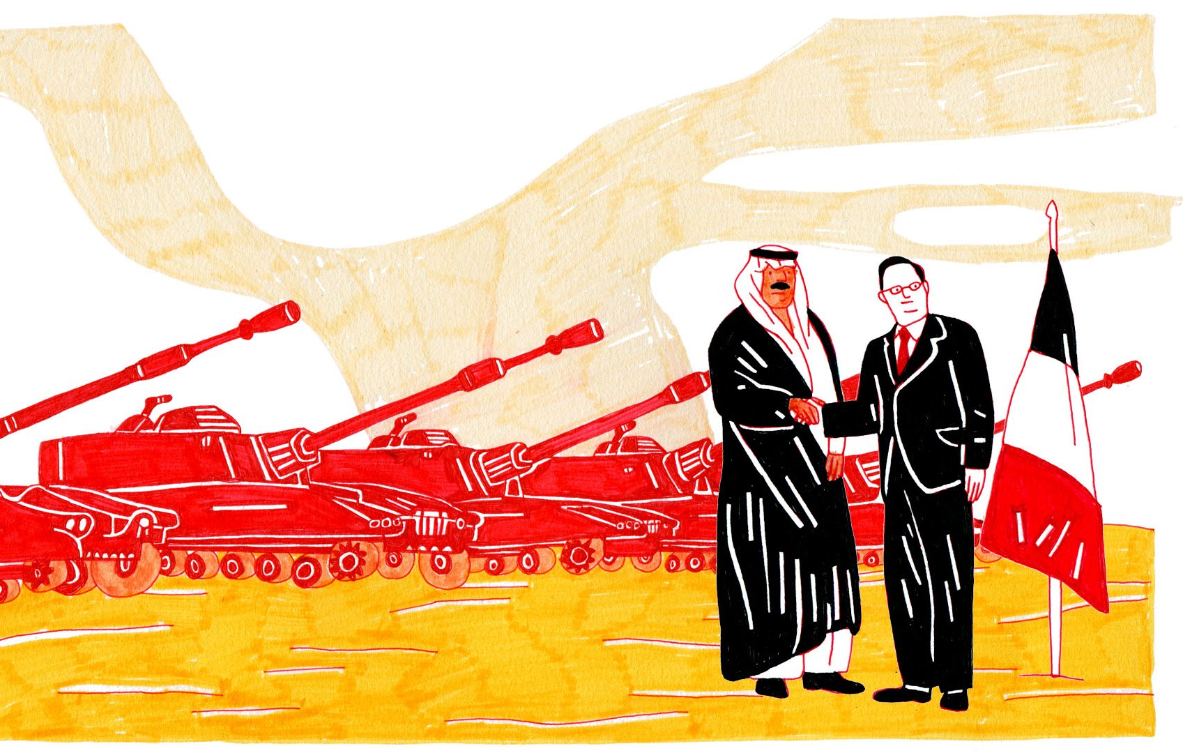 L'image représente une scène stylisée avec deux personnages au premier plan, l'un vêtu d'une tenue traditionnelle arabe et l'autre en costume. Ils sont en train de se serrer la main, symbolisant un accord ou une coopération. En arrière-plan, on aperçoit plusieurs chars de combat, suggérant un contexte militaire ou de tension. Le paysage est dessiné avec des couleurs vives comme le rouge et le jaune, ce qui donne à l'ensemble un aspect graphique et impactant.