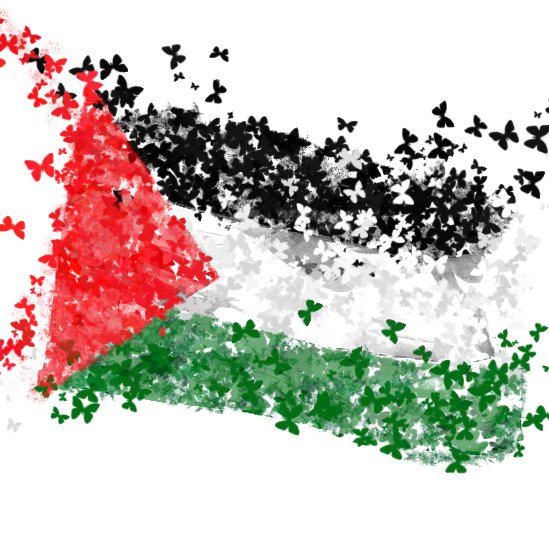 L'image représente une interprétation stylisée du drapeau palestinien, constitué de motifs de papillons colorés. Les couleurs du drapeau – rouge, noir, vert et blanc – sont évoquées à travers les papillons qui semblent s'envoler, créant un effet dynamique et poétique. La composition donne une impression de mouvement et de légèreté, symbolisant peut-être l'espoir et la liberté.