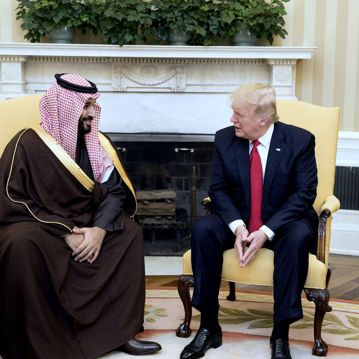 در این تصویر، دو نفر در یک اتاق نشسته‌اند. یکی از آنها لباس سنتی عربی به تن دارد و از لحاظ ظاهری به عنوان یک مقام عربی به نظر می‌رسد. فرد دوم، لباس رسمی غربی پوشیده و به نظر می‌رسد یک مقام سیاسی است. آن‌ها در حال گفتگو هستند و هر دو به همدیگر نگاه می‌کنند. محیط اتاق با دیوارهای روشن و دکوراسیون رسمی طراحی شده است. در پس‌زمینه، شومینه‌ای وجود دارد که به فضای اتاق اضافه می‌کند. گیاهان سبز نیز در بالای شومینه قرار دارند.