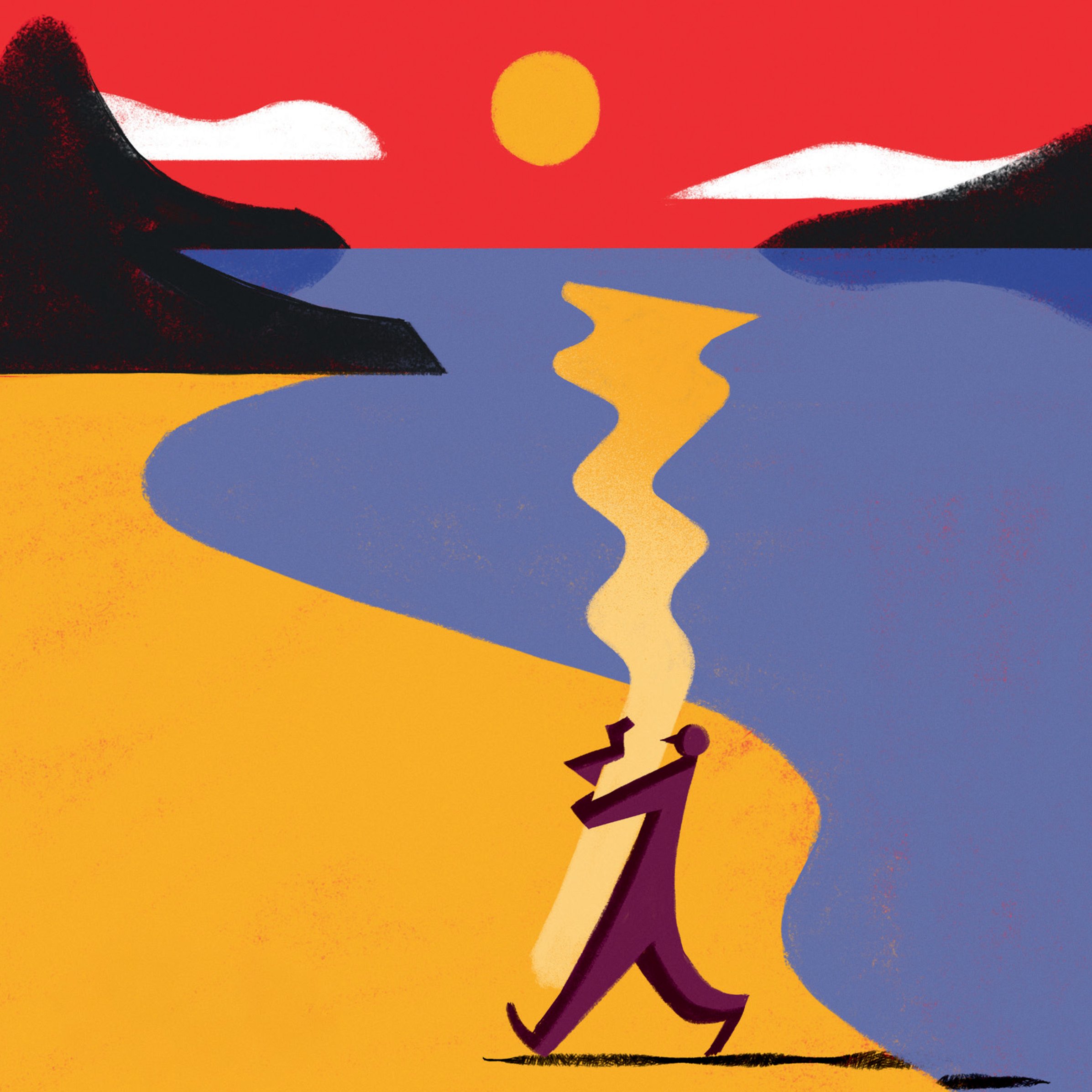 L'image représente une scène colorée d'un paysage côtier. On y voit un homme marchant le long d'une plage, tenant une tasse dans ses mains. La mer est d'un bleu vif, tandis que le sable est jaune. À l'arrière-plan, il y a des collines sombres et un soleil rougeoyant se couche à l'horizon, créant une atmosphère chaleureuse et apaisante. Les nuages sont représentés par des formes blanches qui flottent autour du soleil. L'ensemble dégage une sensation de tranquillité et de contemplation.