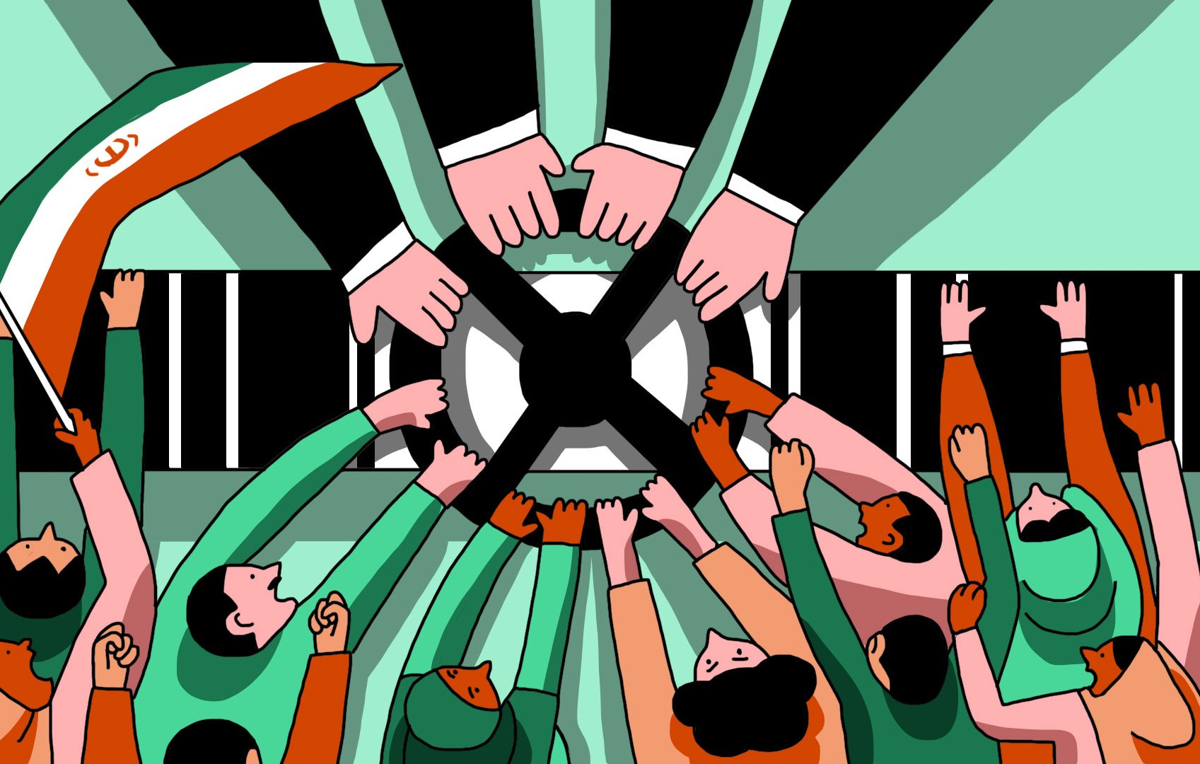 L'image montre une scène dynamique avec des mains qui se rejoignent au centre, symbolisant une unité ou un rassemblement. On peut voir des personnes de différentes tenues, certaines portant des voiles, et d'autres faisant le geste de lever les bras. En arrière-plan, il y a un drapeau avec un symbole iranien. Les couleurs sont vives et variées, créant une atmosphère énergique et engagée. Cette composition évoque des thèmes de solidarité et de mobilisation.