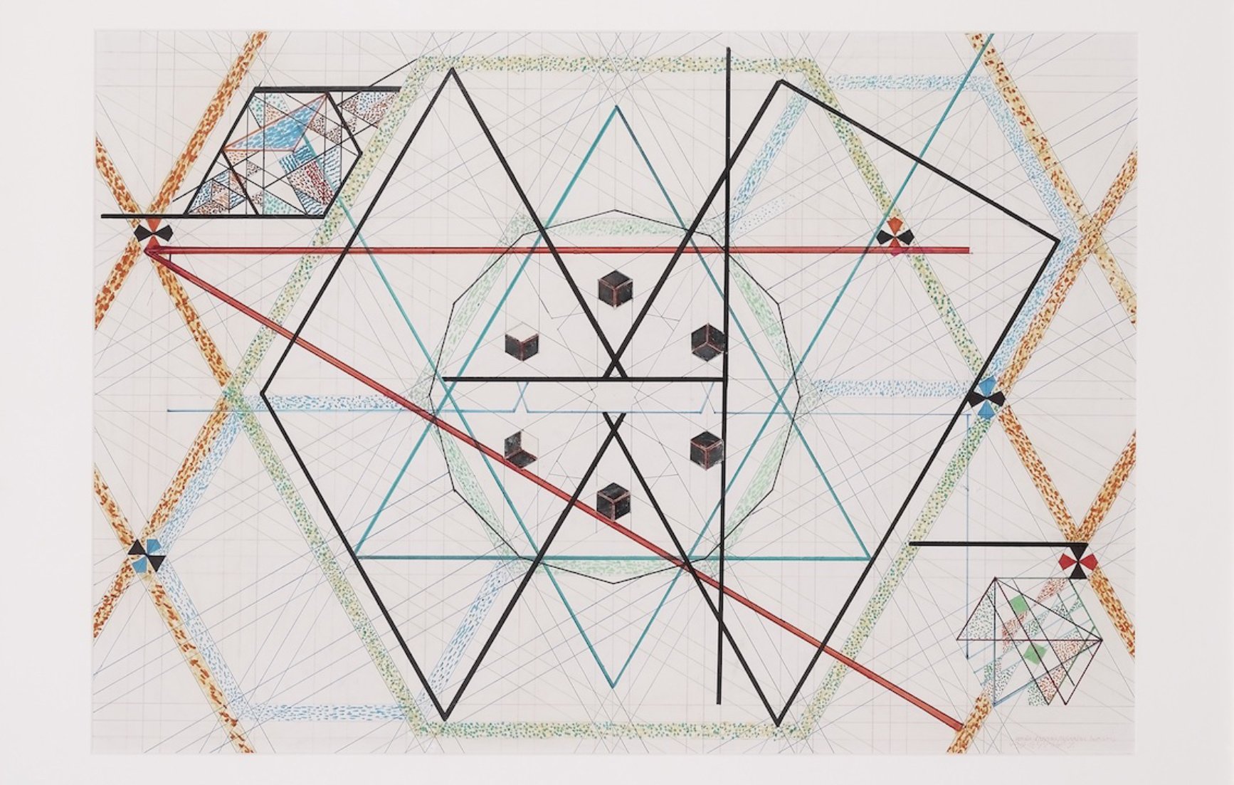 The image appears to be a geometric abstract artwork featuring intricate patterns and shapes. It includes a combination of lines, shapes, and colors, creating a complex design. Central to the composition is a large hexagonal form, surrounded by smaller geometric figures. Various lines intersect, forming a network across the page, while colored triangles and other shapes add depth and dimension. The overall aesthetic is symmetrical and mathematical, reflecting a meticulous approach to design and balance.