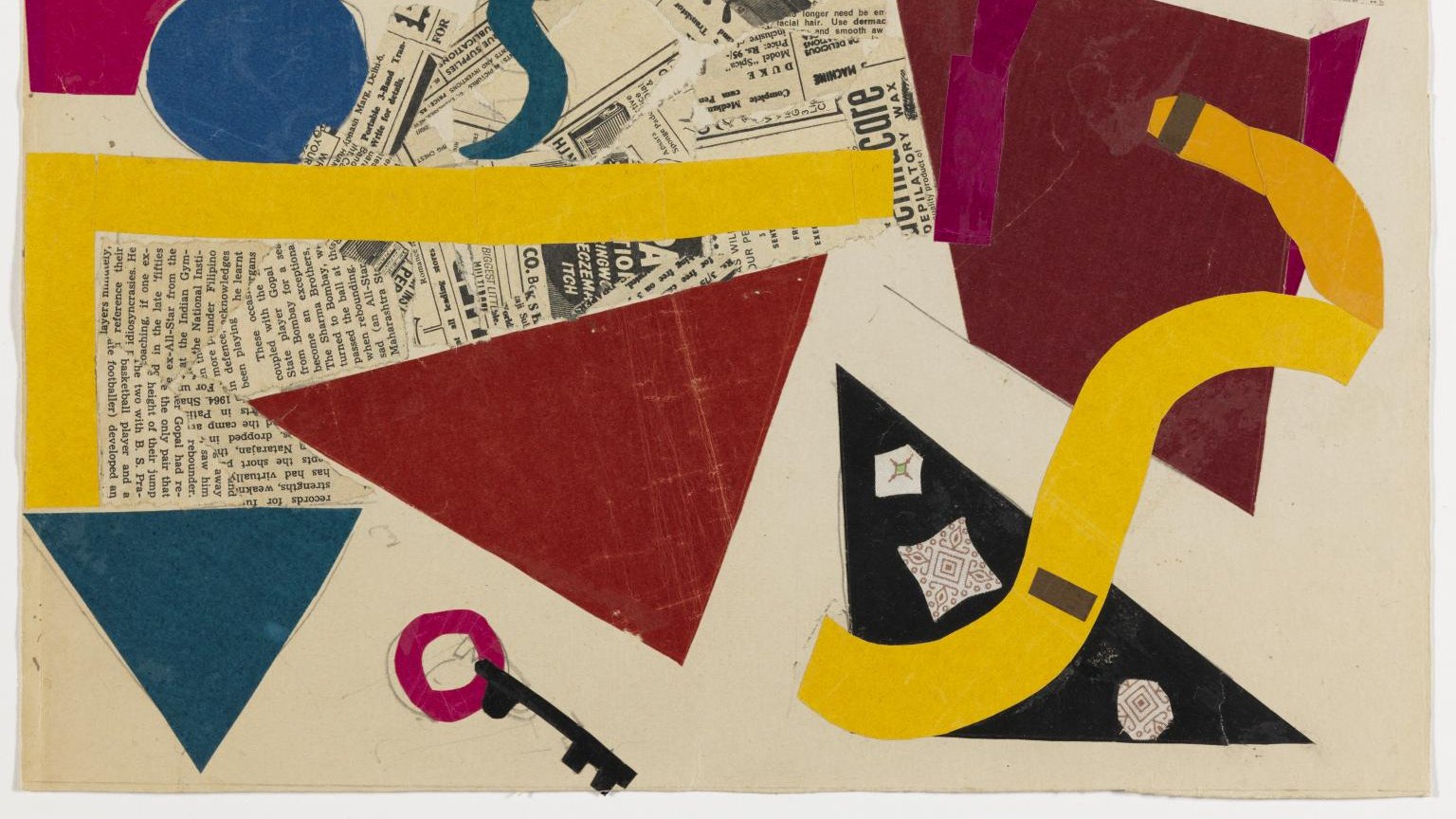 L'image que tu partages semble être un collage abstrait, composé de formes géométriques colorées sur un fond beige. On y voit des éléments de différentes tonalités, comme un cercle bleu, des bandes jaunes et rosâtres, ainsi que des triangles noirs et rouges. Des morceaux de papier journal sont également présents, ajoutant une texture intéressants à l'ensemble. Ce type de composition évoque une approche artistique moderne, caractérisée par l'utilisation des formes et des couleurs pour créer une image visuellement stimulante.