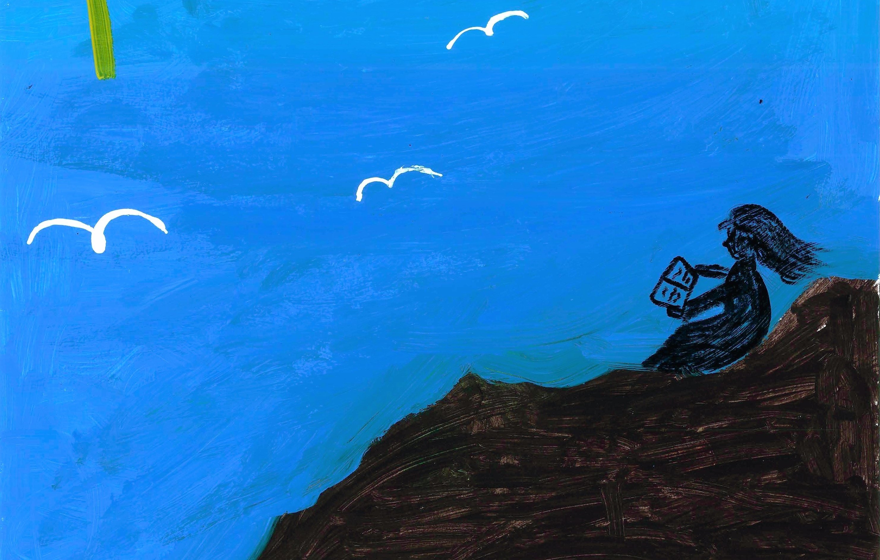 L'image représente un paysage lumineux avec un grand soleil jaune dans le coin supérieur gauche. Le ciel est d'un bleu vif, parsemé de quelques oiseaux blancs qui volent. Au premier plan, une silhouette noire, probablement celle d'une personne, est assise sur une colline sombre, tenant un livre ou un magazine. L'ensemble dégage une atmosphère paisible et contemplative.