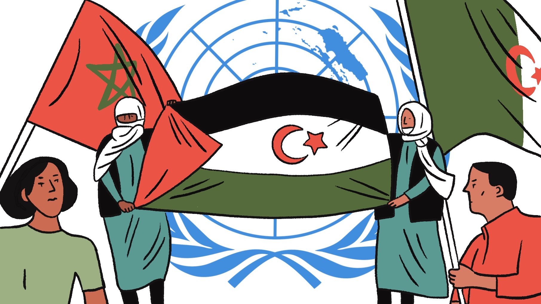 L'image montre plusieurs personnes tenant un drapeau qui combine les couleurs et les symboles du Maroc et de l'Algérie, au centre d'un grand drapeau. En arrière-plan, on voit le logo des Nations Unies. Les personnes sont représentées dans un style illustratif, certaines portant des vêtements traditionnels, et leur expression semble engagée. L'image évoque des thématiques de débats ou de conflits diplomatiques entre les pays représentés.