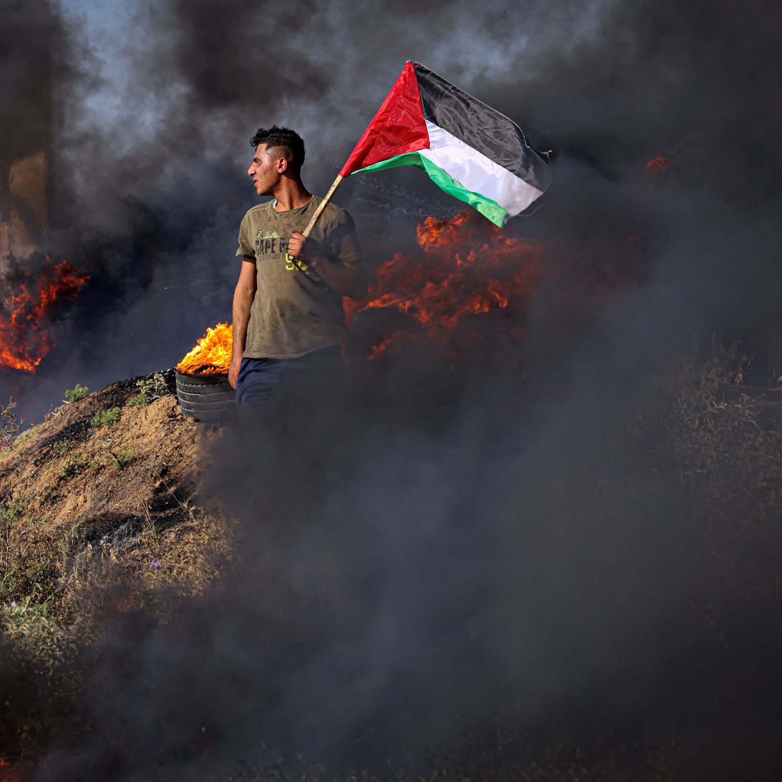 در این تصویر، جوانی در حال ایستادن بر روی تپه‌ای حاوی دود و شعله‌های آتش است. او پرچم فلسطین را در دست دارد و در پس‌زمینه، آتش و دود سیاهی دیده می‌شود که فضای اطراف را پر کرده است. این صحنه نمایانگر یک حالت احساسی و پرتنش است که به موضوعات اجتماعی و سیاسی مرتبط است.