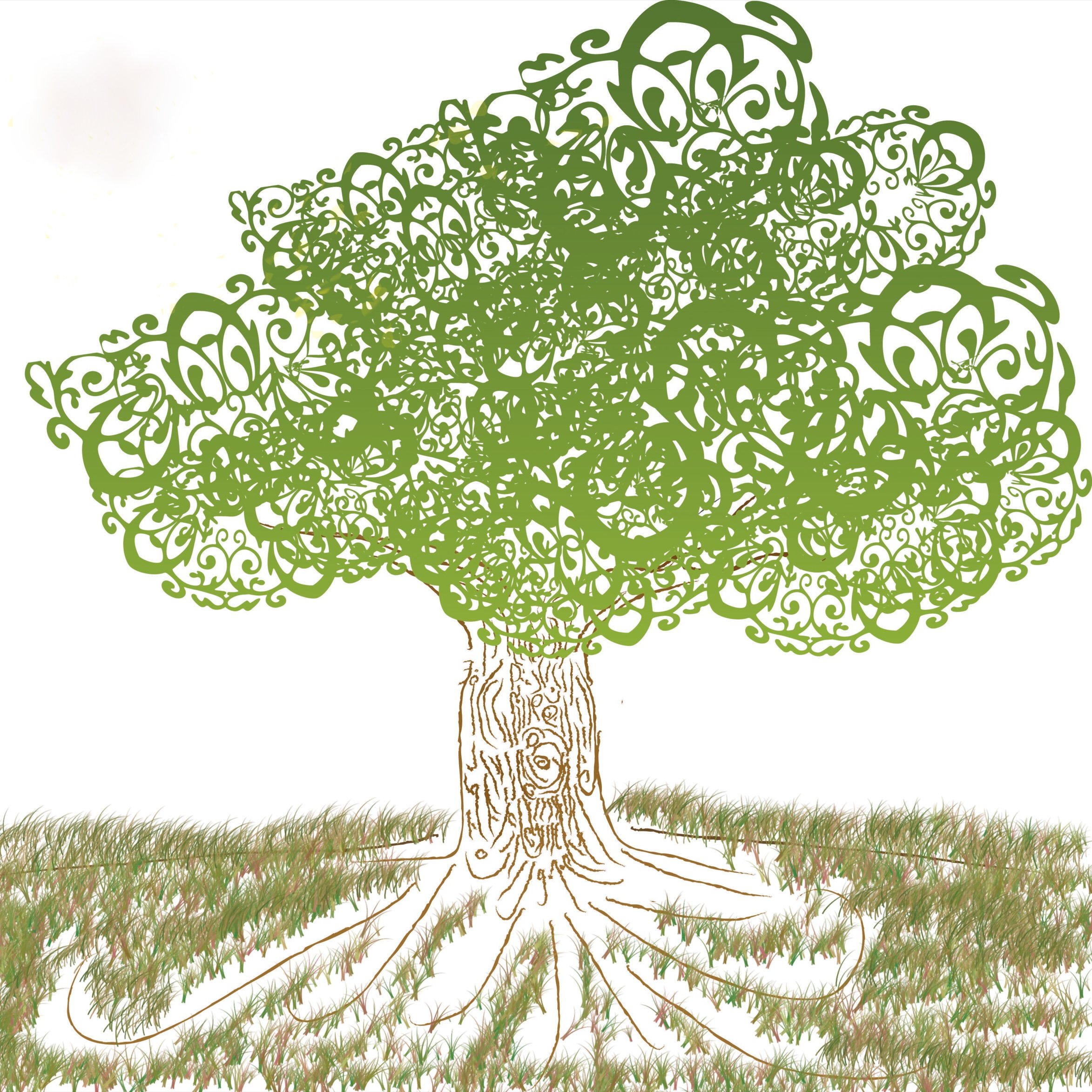 L'image représente un arbre stylisé, avec un feuillage vert ornée de motifs enroulés et entrelacés, donnant un aspect décoratif et artistique. Le tronc de l'arbre est dessiné avec des détails qui simulent l'écorce, et il s'élève sur des racines visibles qui s'étendent sur le sol. Le fond est simple, avec une herbe verte suggérée. L'ensemble de la composition dégage une atmosphère naturelle et imaginative.