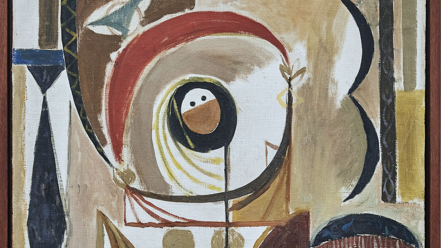 Cette image représente une œuvre d'art abstraite. On peut y voir des formes géométriques aux couleurs terreuses, comme le brun, le beige et le jaune, qui s'entrelacent. La composition semble évoquer des figures stylisées, avec des éléments circulaires et des lignes fluides. L'ensemble crée une atmosphère à la fois dynamique et harmonieuse. Les détails sont simplifiés, ce qui permet au spectateur d'interpréter librement les éléments présents dans le tableau.