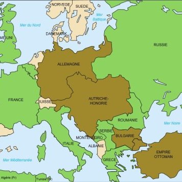 L'image représente une carte de l'Europe pendant la Première Guerre mondiale, indiquant les alliances militaires de 1914 à 1918. - Les pays de la Triple Alliance sont colorés en marron, comprenant l'Allemagne, l'Autriche-Hongrie, l'Italie (bien que l'Italie ait changé d'alliance pendant la guerre). - Les pays de la Triple Entente sont en vert, incluant la France, le Royaume-Uni et la Russie. - Les pays neutres sont également indiqués et colorés différemment. La carte présente une vue géographique des alliances, soulignant les tensions et les alliances qui ont conduit au conflit.
