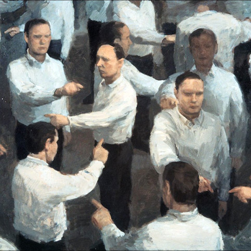 L'image semble représenter un ensemble de figures humaines en costume blanc, chaque figure semblant interagir avec les autres dans une sorte de dialogue visuel. Les personnages affichent des gestes similaires, comme pointer du doigt, ce qui crée une dynamique d'échange ou de confrontation. Le style de peinture donne une impression de mouvement et de complexité dans les relations entre les figures. L'ensemble est à la fois fascinant et déroutant, suggérant des thèmes de communication et d'interaction humaine.