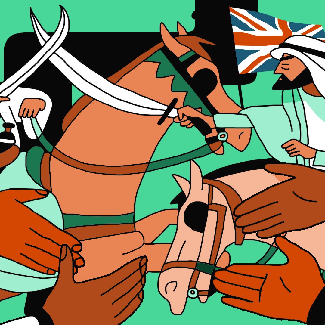 L'image montre une scène dynamique avec des cavaliers montés sur des chevaux. Les cavaliers portent des vêtements traditionnels et brandissent des épées. À l'arrière-plan, on peut apercevoir un drapeau britannique. Des mains se rejoignent au centre de l'image, symbolisant peut-être une collaboration ou un échange culturel. Les couleurs sont vives et créent une ambiance énergique.