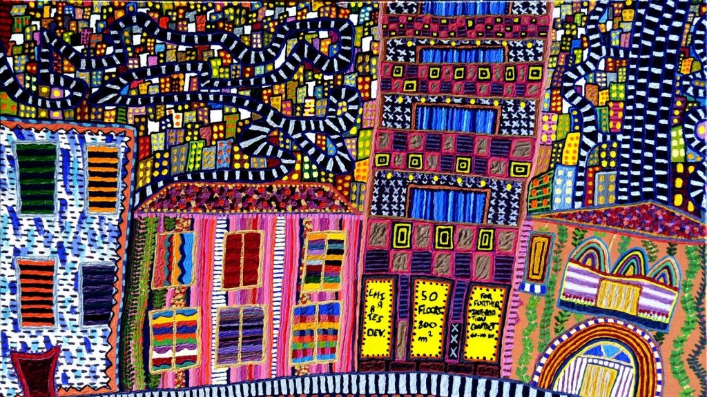 تظهر الصورة لوحة ملونة تصور مجموعة من المباني ذات أشكال وتصاميم متنوعة، مع خطوط متعرجة تمثل الشوارع. الألوان زاهية ومبهجة، تعكس أجواء نابضة بالحياة مع تفاصيل معمارية متعددة. يُظهر العمل الفني أسلوبًا تجريديًا يتسم بالتكرار والأشكال الهندسية.