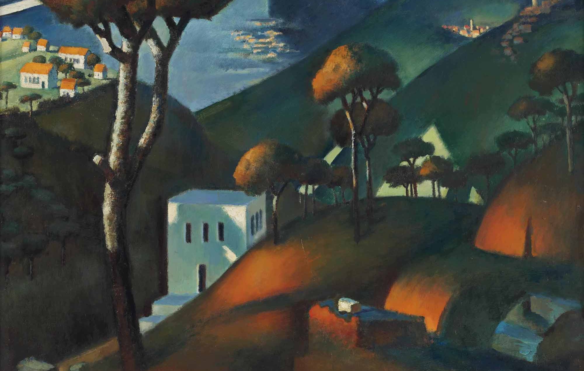 L'image représente un paysage stylisé et coloré, caractérisé par des collines ondulantes et des montagnes en arrière-plan. On y voit des arbres aux formes allongées et des maisons regroupées sur le flanc des collines, avec des teintes riches et contrastées. Le ciel est dramatique, avec des nuages et une lumière qui suggère une atmosphère méditative. Les couleurs sont principalement des verts et des bruns, évoquant une nature vibrante et imposante. L'ensemble donne une impression de sérénité et de majesté naturelle.