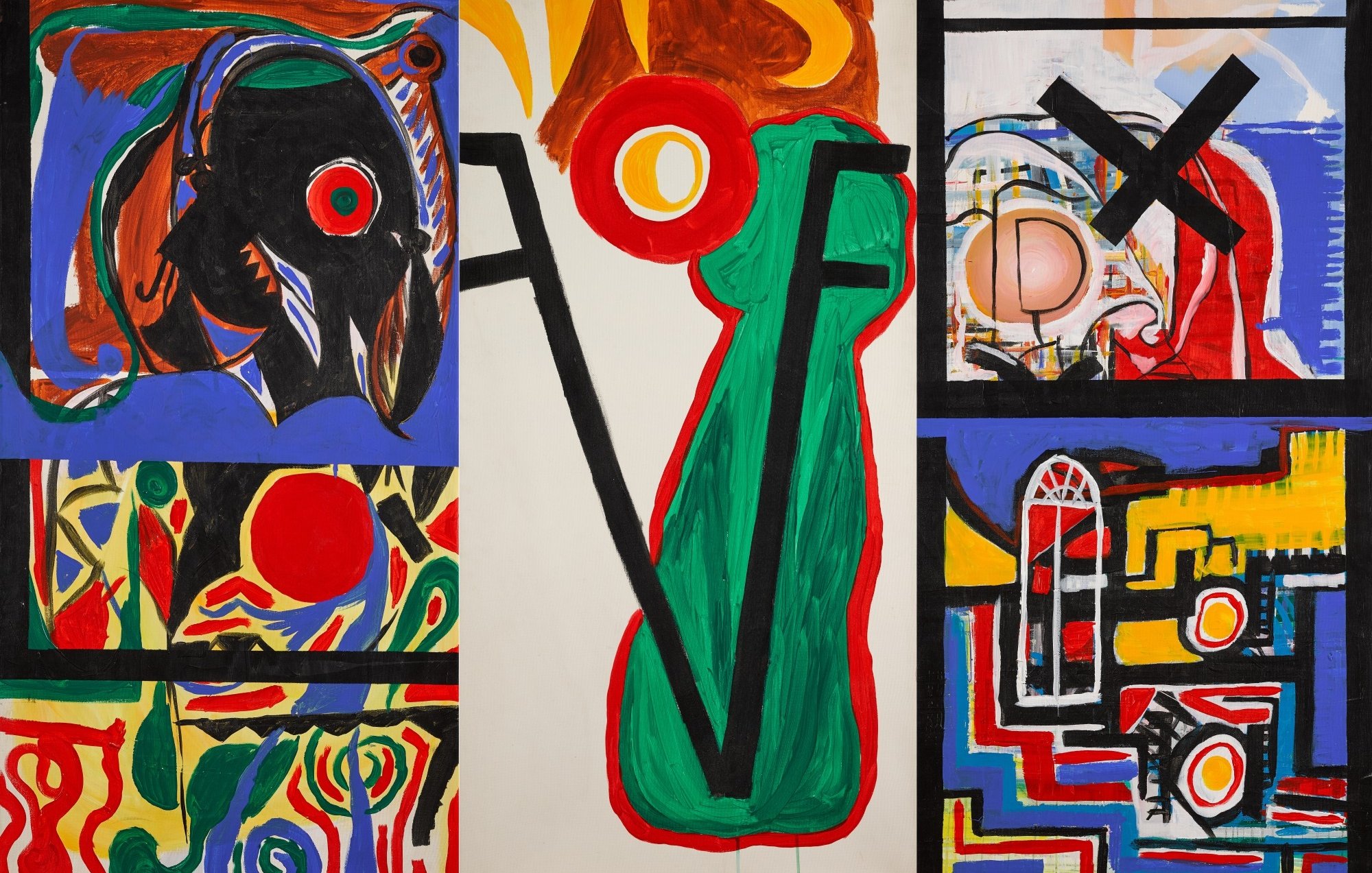 L'image semble être une œuvre abstraite qui mélange des formes et des couleurs vives. On peut y voir des motifs géométriques et organiques, ainsi que des cercles rouges qui attirent l'attention. Les différentes sections de l'œuvre sont composées de couleurs variées, y compris des bleus, des rouges, des noirs et des verts. L'ensemble donne une impression dynamique et énergique, avec une utilisation audacieuse des contrastes et des lignes, créant un dialogue visuel intéressant.