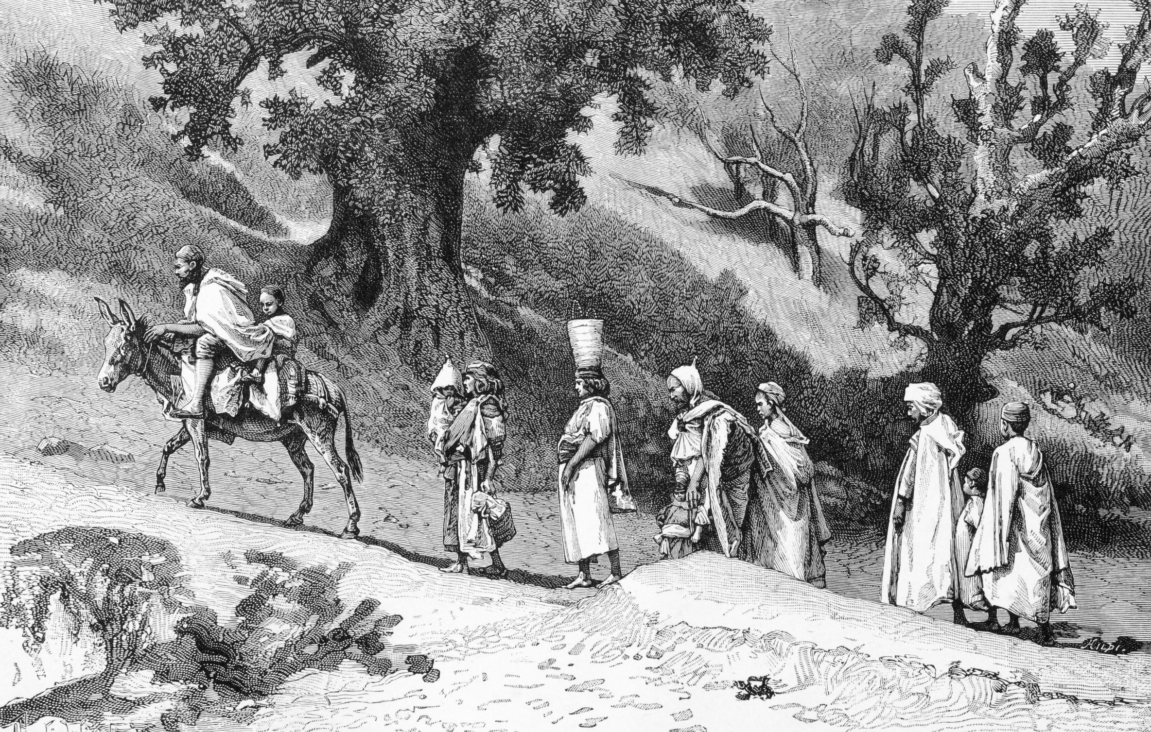 L'image représente une scène en noir et blanc où plusieurs personnages se déplacent sur un chemin. Au premier plan, un homme est assis sur un âne, tandis qu'un autre homme le guide à pied. D'autres figures, habillées de vêtements traditionnels, marchent derrière eux. La végétation environnante est constituée d'arbres, certains dépouillés, suggérant une ambiance peut-être désertique ou rural. L'illustration dégage une atmosphère historique, typique des gravures anciennes.