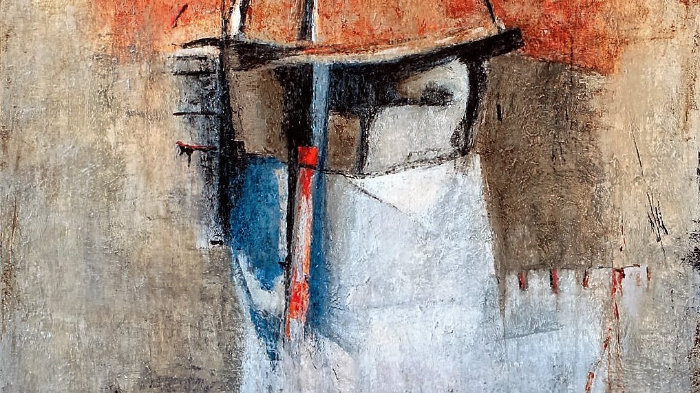 L'image semble représenter une œuvre d'art abstraite. On y voit des formes géométriques, notamment un cercle en haut, qui pourrait évoquer un casque ou une sorte de couvre-chef. Les couleurs prédominantes sont des nuances de beige, de rouge et de noir, créant un contraste intéressant. Les lignes sont à la fois douces et angulaires, ajoutant une dimension dynamique à la composition. L'ensemble dégage une atmosphère intrigante et mystérieuse.