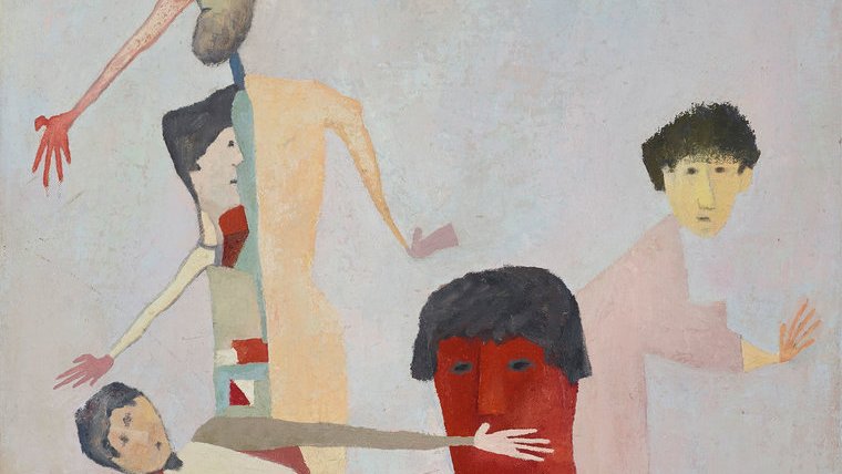 Cette image présente un tableau qui semble représenter plusieurs figures humaines stylisées et abstraites. Les personnages sont agencés de manière dynamique, avec des postures exagérées et des traits simplifiés. Les couleurs sont plutôt douces, avec des tons de beige, de rouge et de rose. Certaines figures semblent interagir les unes avec les autres, tandis que d'autres adoptent des postures isolées. L'ensemble dégage une impression de mouvement et d'expression artistique, caractéristique d'un style moderne ou contemporain. La date "1985" indique que l'œuvre a été réalisée dans cette année-là.