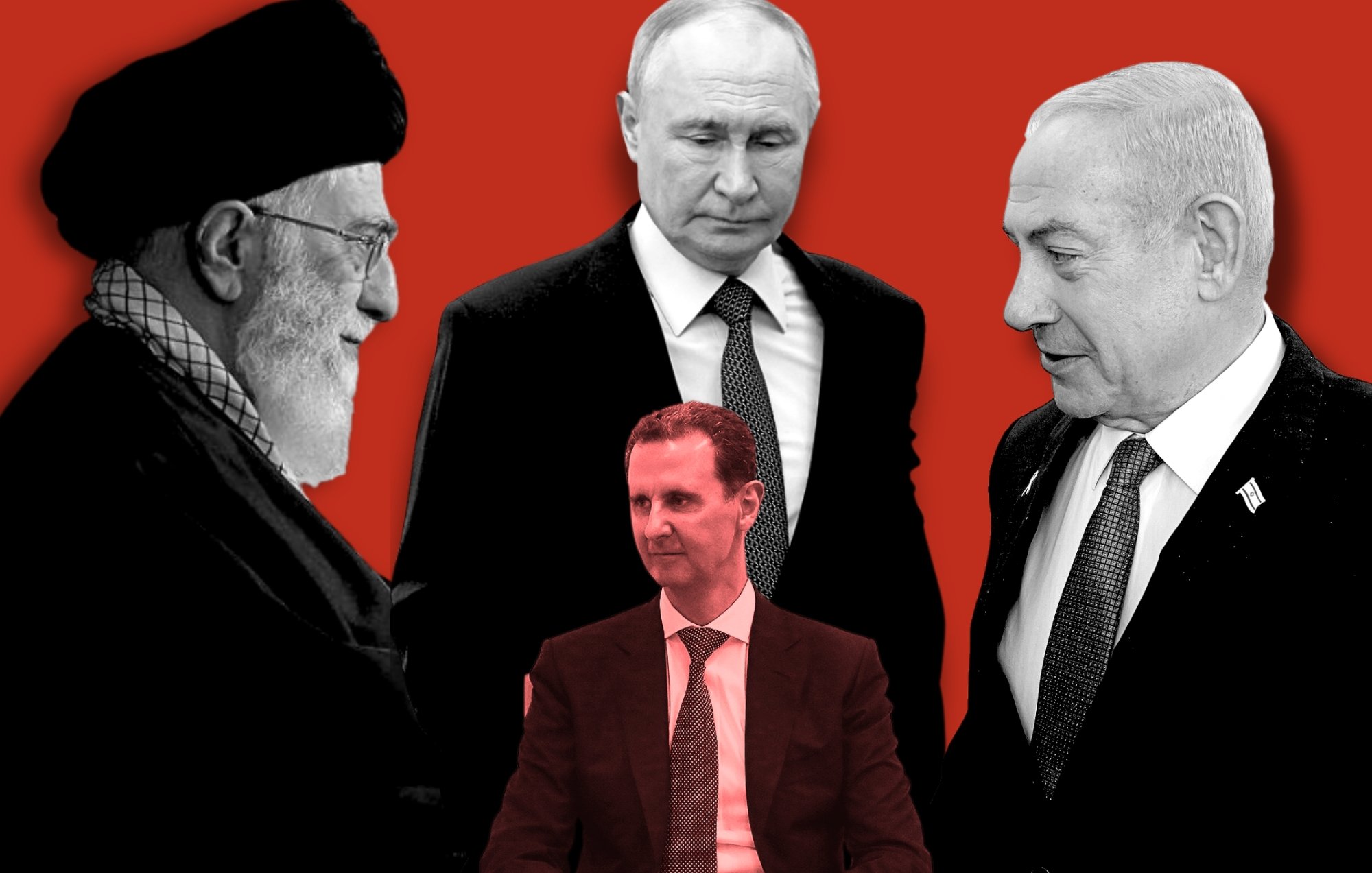 L'image représente plusieurs figures politiques importantes. On y voit des portraits de leaders tels que le leader suprême iranien, le président russe, le Premier ministre israélien, et le président syrien, regroupés sur un fond rouge. Les différents membres semblent être engagés dans une sorte d'interaction ou de réflexion, mettant en avant des relations géopolitiques complexes. L'atmosphère de l'image évoque des thèmes de pouvoir et de diplomatie dans un contexte de tensions internationales.