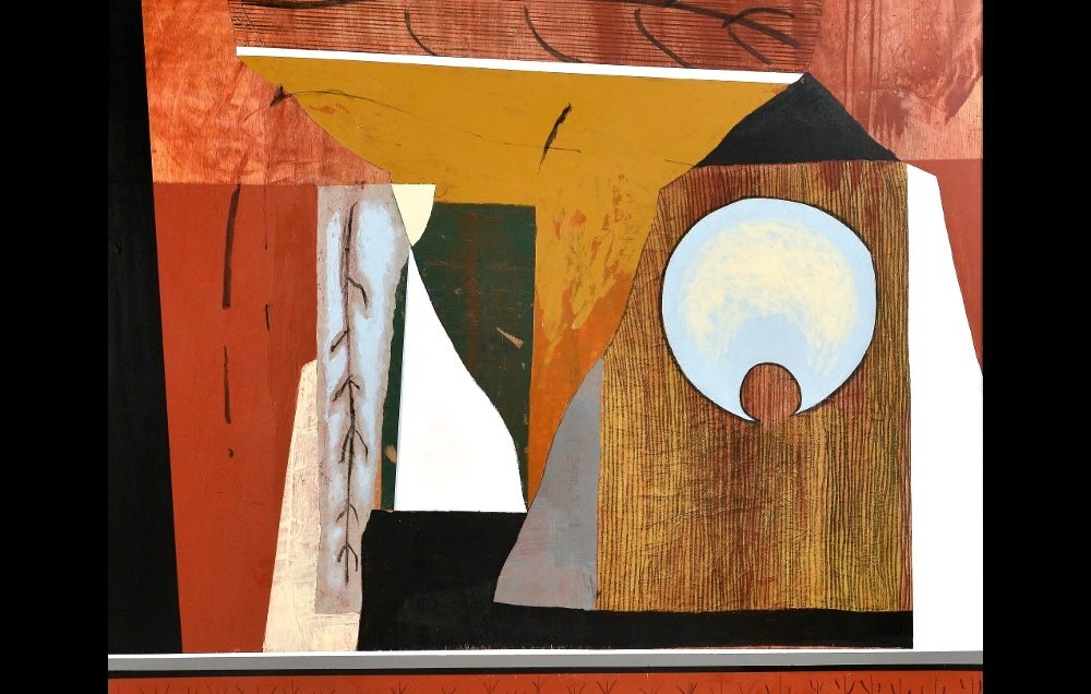 Cette image semble être une œuvre d'art abstraite caractérisée par une combinaison de formes géométriques et de couleurs vives. On y aperçoit des éléments qui évoquent des structures architecturales, comme des murs ou des toits, ainsi que des motifs organiques. Les couleurs dominantes incluent des tons de rouge, de beige et de bleu, créant un contraste fort et une composition dynamique. Les formes et les lignes apparaissent simplifiées, offrant une interprétation moderne et stylisée de l'espace. Ce type de travail invite à une réflexion sur la forme et la couleur, laissant place à l'interprétation personnelle.