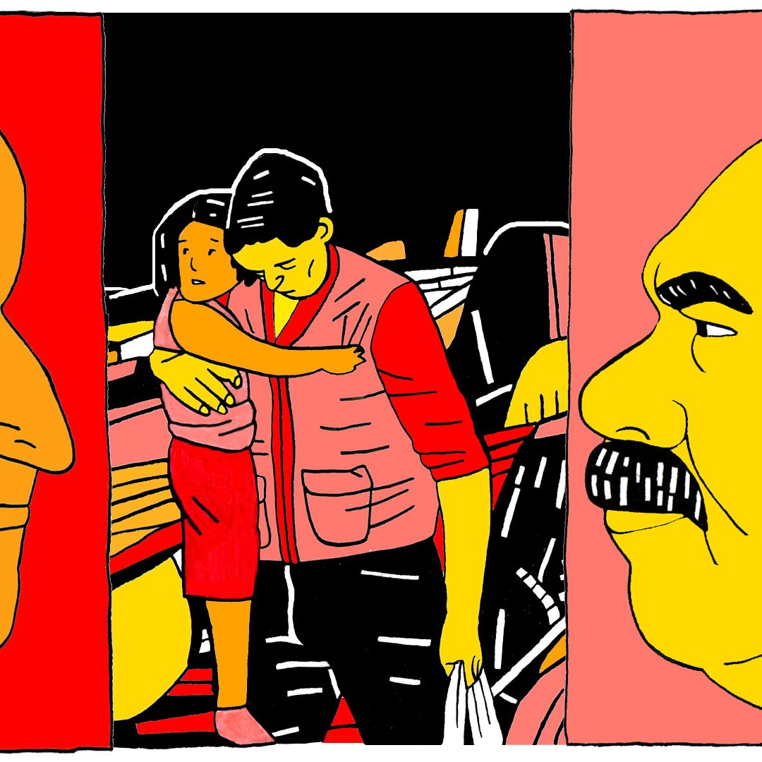 L'image présente une composition en trois parties. Sur le côté gauche, il y a un visage en gros plan, stylisé, qui pourrait symboliser une figure importante ou un leader. La partie centrale montre une scène émotive où un homme porte une enfant dans ses bras, soulignant un moment de tendresse ou de protection. À droite, un autre visage est également stylisé, avec des traits marqués, semblant exprimer une certaine gravité. L'ensemble de l'image utilise des couleurs vives et un style graphique simplifié.