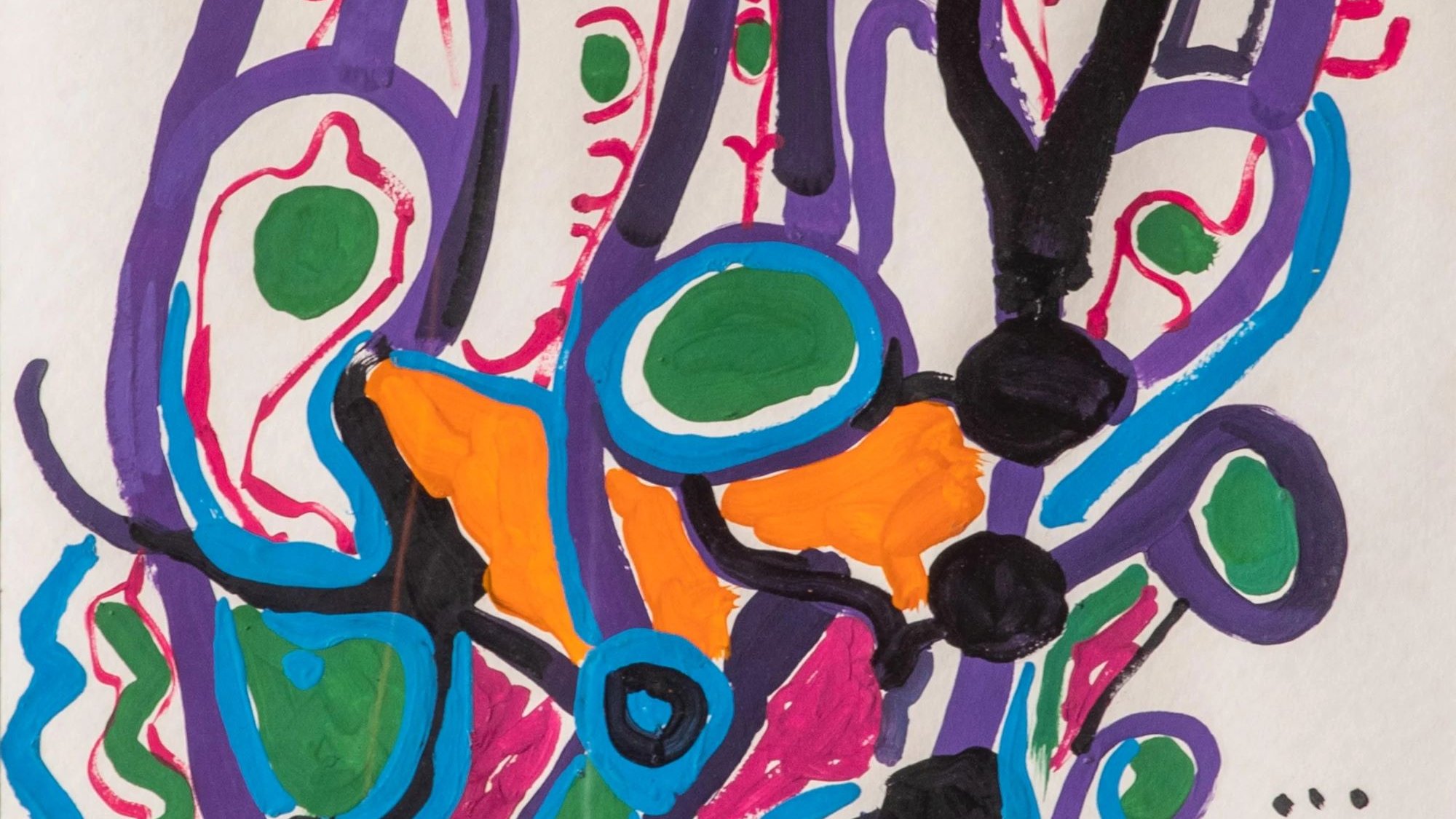 L'image présente une composition colorée et abstraite, avec des formes organiques et des lignes sinueuses qui s'entrelacent. On y trouve des cercles, des formes ovales et des motifs floraux qui semblent se déployer vers le haut. Les couleurs vives telles que le vert, l'orange, le bleu, et le violet créent un contraste dynamique. Le nom "CHAIBI A" est inscrit dans un coin, ajoutant une touche personnelle à cette œuvre. L'ensemble dégage une impression mouvementée et expressive.