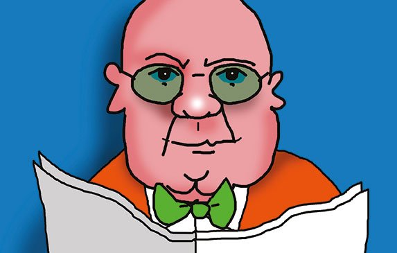 الصورة تظهر شخصية كرتونية لرجل بدين ذو رأس أصلع. يرتدي نظارات وبدلة برتقالية مع ربطة عنق خضراء. يبدو أنه يجلس على طاولة ويقرأ صحيفة كبيرة، مع تعبير جاد على وجهه. الخلفية باللون الأزرق. الرسمة تحمل طابعًا فكاهيًا ومبالغ فيه في الملامح.
