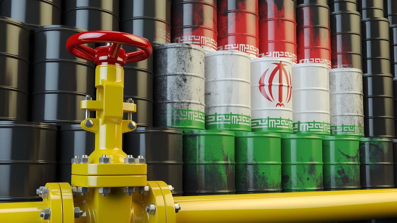تصویر نشان‌دهنده یک شیر کنترل زرد رنگ است که به یک لوله متصل شده است. در پس‌زمینه، بشکه‌های نفتی با رنگ‌های نشان‌دهنده پرچم ایران به نمایش درآمده‌اند. این بشکه‌ها به رنگ‌های سبز، سفید و قرمز هستند و نماد هویت ملی ایران را تشکیل می‌دهند. این تصویر به وضوح به صنعت نفت و منابع انرژی در ایران اشاره دارد.