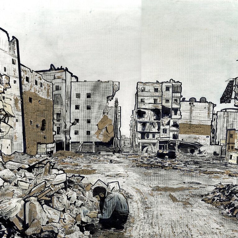 L'image montre une scène de destruction urbaine. On aperçoit des bâtiments en ruine, avec des débris éparpillés sur le sol. Au premier plan, une personne semble s'accroupir, probablement en train de réfléchir ou de chercher quelque chose parmi les décombres. Le paysage est plongé dans une ambiance morose, évoquant des thèmes de perte et de désolation. Les couleurs sont plutôt ternes, accentuant le caractère triste et abandonné de cet environnement.