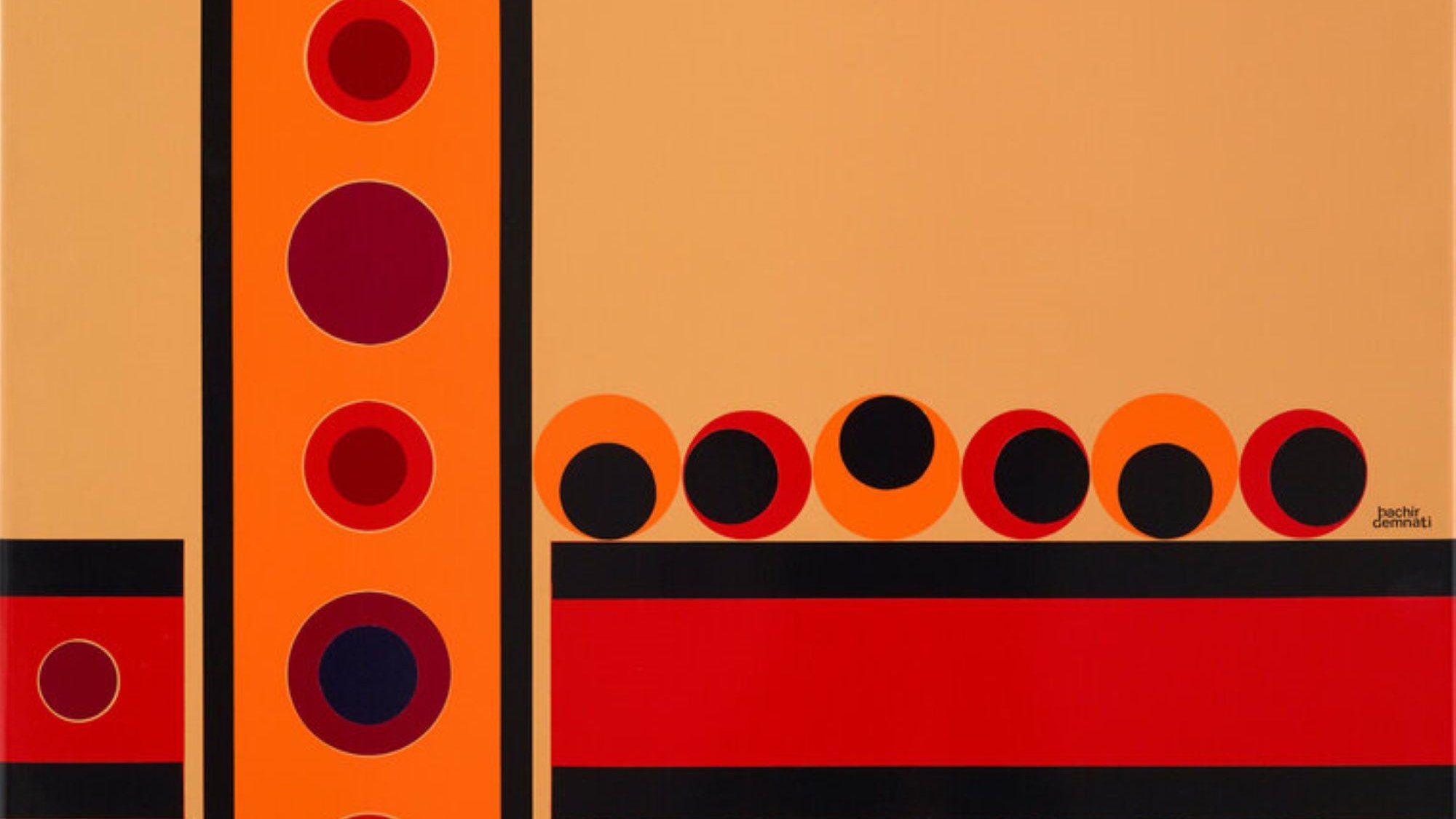 L'image représente une œuvre d'art abstrait composée de formes géométriques et de couleurs vives. On y voit des cercles de différentes tailles, alternant entre des teintes rouges, noires, et violettes, disposés en lignes horizontales et verticales. Un large bandeau rouge traverse la partie inférieure de l'œuvre, créant un contraste fort avec le fond beige. La composition joue sur l'équilibre entre les formes et les couleurs, offrant une esthétique à la fois dynamique et harmonieuse.