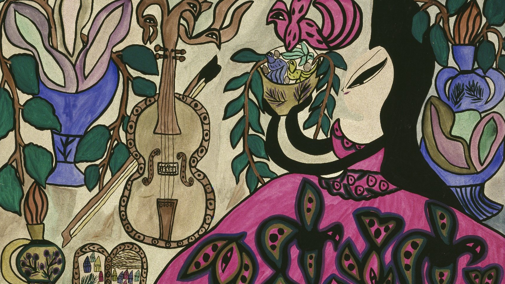 L'image représente une composition colorée et stylisée, probablement d'inspiration artistique moderne. On y voit une silhouette féminine, avec des éléments floraux et des motifs géométriques, ainsi qu'un violon. Les couleurs vives et les formes organiques créent une atmosphère dynamique et expressive. Les vases décoratifs et les plantes ajoutent une touche de vie à la scène. L'ensemble donne une impression de richesse visuelle et d'harmonie.
