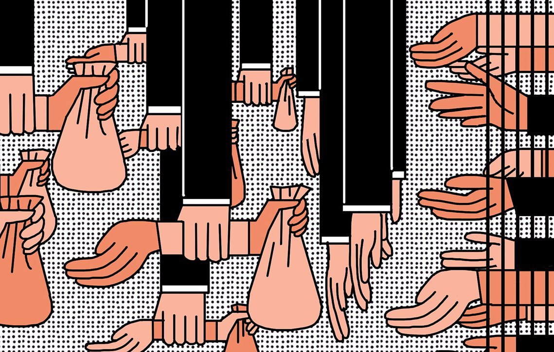 The image depicts a collection of illustrated hands, some in dark clothing and others in lighter tones, reaching out and holding bags. The hands seem to be engaged in a transaction or exchange, with some reaching to take the bags while others are offering them. The overall style is graphic and stylized, with a monochromatic background that emphasizes the contrast between the different hand colors. The arrangement of the hands creates a sense of movement and interaction, suggesting themes of commerce or distribution.