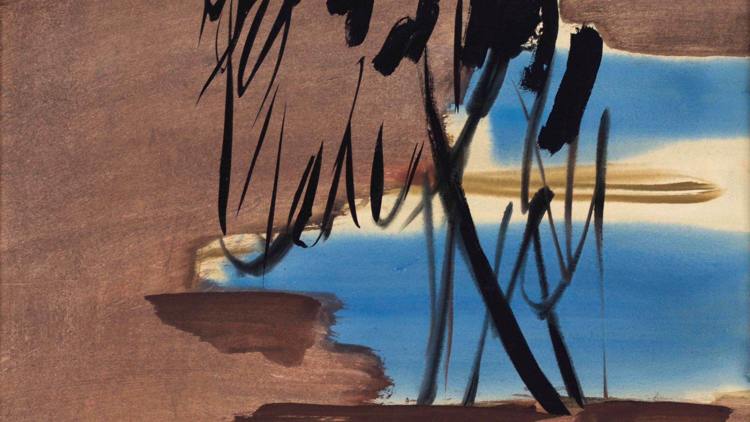 این تصویر یک اثر هنری انتزاعی به نظر می‌رسد. در پس‌زمینه، رنگ‌های قهوه‌ای و آبی به خوبی ترکیب شده‌اند. خطوط تیره و کشیده، مانند سایه‌هایی از درختان یا عناصر طبیعی، در تصویر حضور دارند. فضای کلی کار حس آرامش و سادگی را منتقل می‌کند و تضاد بین رنگ‌ها در آن قابل توجه است. طراحی به شکل آزاد و غیرمتعارف، نظر بیننده را جلب می‌کند و به احساسات مختلفی منجر می‌شود.