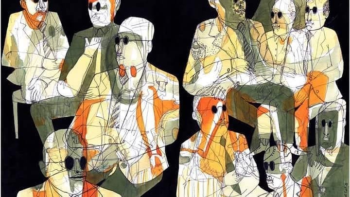 L'image présente une composition abstraite d'hommes assis, semblant discuter ou écouter. Les figures sont dépeintes dans des couleurs vives, principalement des nuances d'orange et de vert, sur un fond sombre. Les traits des visages sont stylisés, avec des lunettes de soleil sur plusieurs d'entre eux, ajoutant une dimension graphique intéressante. L'ensemble crée une atmosphère à la fois dynamique et intrigante, mêlant des éléments de réalisme et d'abstraction.