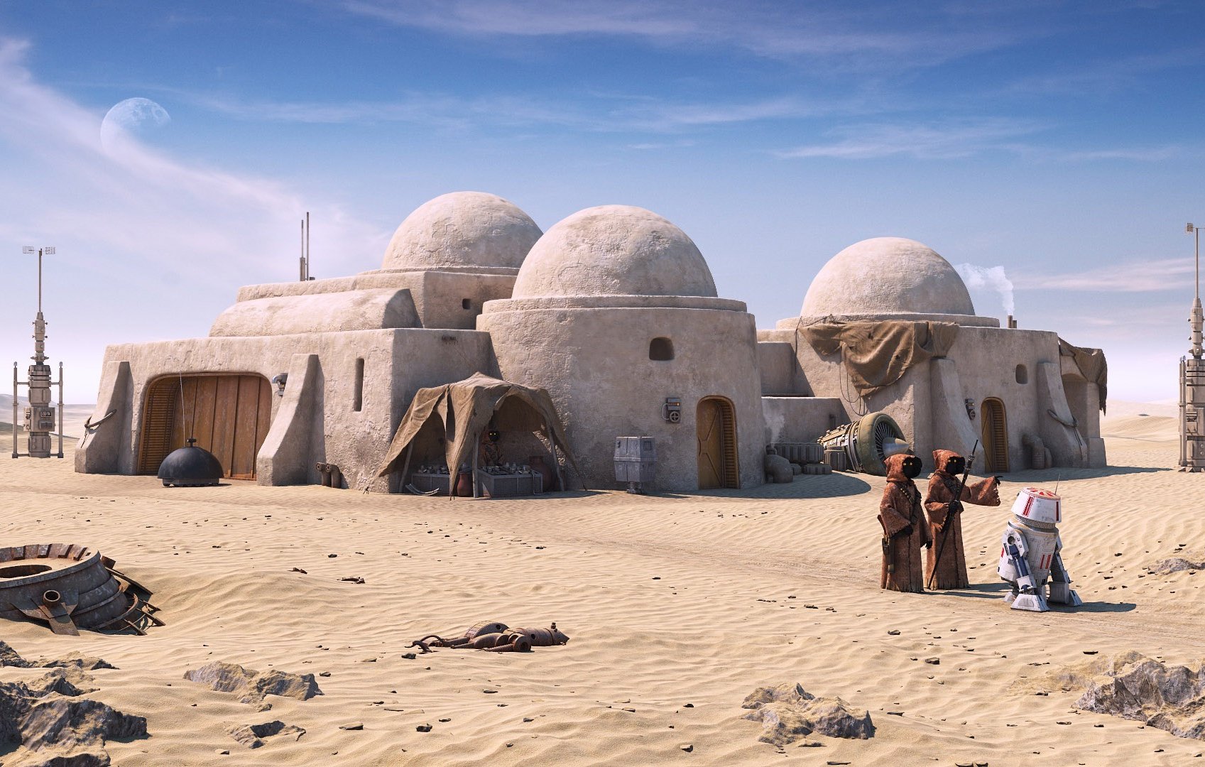 Cette image représentant un paysage désertique montre des structures aux dômes arrondis, typiques d'un style architectural inspiré par des éléments de science-fiction. On peut voir des personnages vêtus de robes longues, probablement des habitants de cet environnement, ainsi qu'un robot qui semble interagir avec eux. Le sol est couvert de sable, et on peut apercevoir des éléments du décor, comme des rochers et des équipements, créant une atmosphère intrigante et lointaine. En arrière-plan, un ciel clair avec une lune ou une planète visible ajoute à l'aspect extraterrestre de la scène.