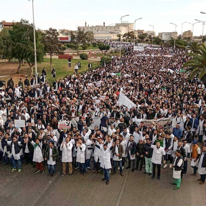 L'image montre une grande foule de manifestants rassemblés dans une rue, probablement pour une manifestation ou une protestation. Beaucoup de participants portent des blouses blanches, ce qui pourrait indiquer qu'ils sont des professionnels de la santé ou des étudiants en médecine. Ils agitent des panneaux et des drapeaux, exprimant leurs revendications. L'environnement semble urbain, avec des arbres et des bâtiments en arrière-plan. L'ambiance générale paraît mobilisée et solidaire.