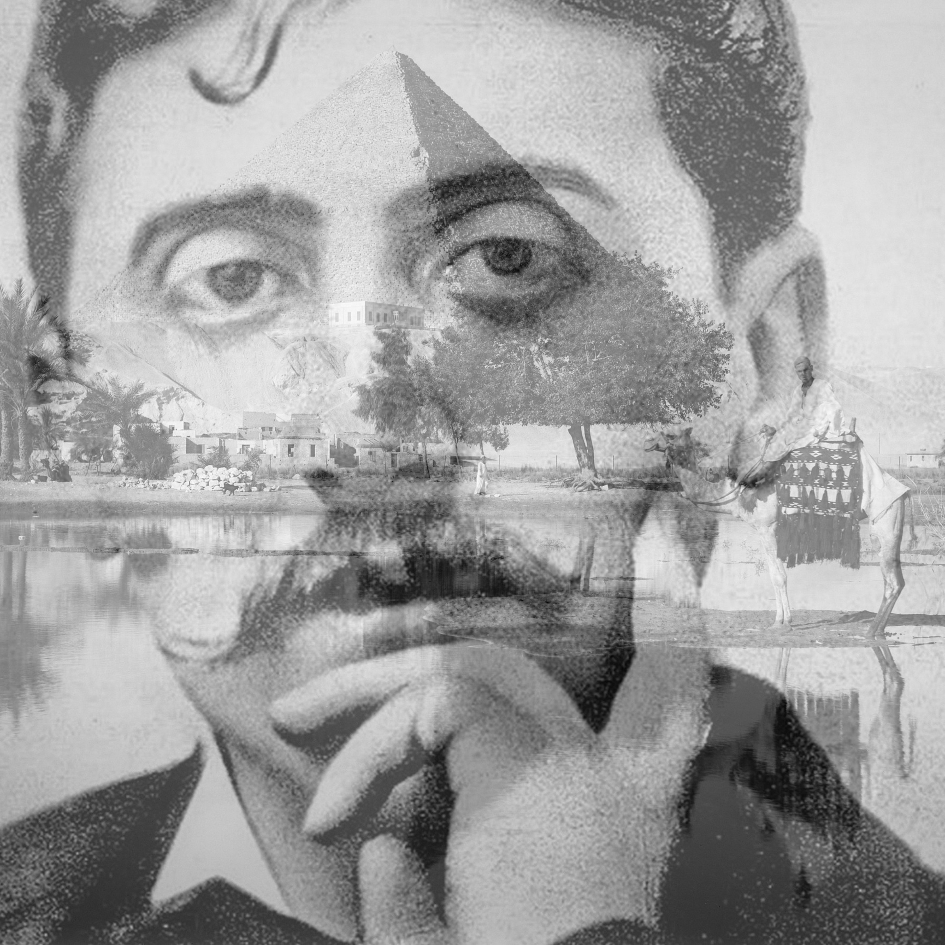 L'image présente un portrait en noir et blanc d'un homme avec une moustache, qui affiche une expression pensive. Derrière son visage, on peut apercevoir un paysage rural, possiblement un lac, entouré de palmiers et de végétation. Des silhouettes d'hommes et d'animaux sont visibles près de l'eau, ajoutant une dimension décalée et artistique à l'image. L'ensemble crée une atmosphère mélancolique et introspective, où le visage et le paysage semblent fusionner.