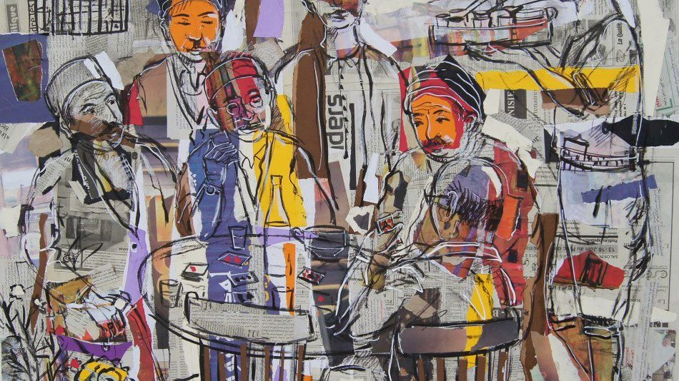 L'image représente un groupe de personnes rassemblées autour d'une table, créant une ambiance conviviale et animée. Les personnages sont illustrés dans un style artistique, avec des traits expressifs et des couleurs vives. Le fond est constitué de coupures de journaux, ajoutant une texture intéressante à la composition. Certains personnages semblent engagés dans une conversation, tandis que d'autres observent. Cette œuvre transmet une sensation de communauté et de vie quotidienne.