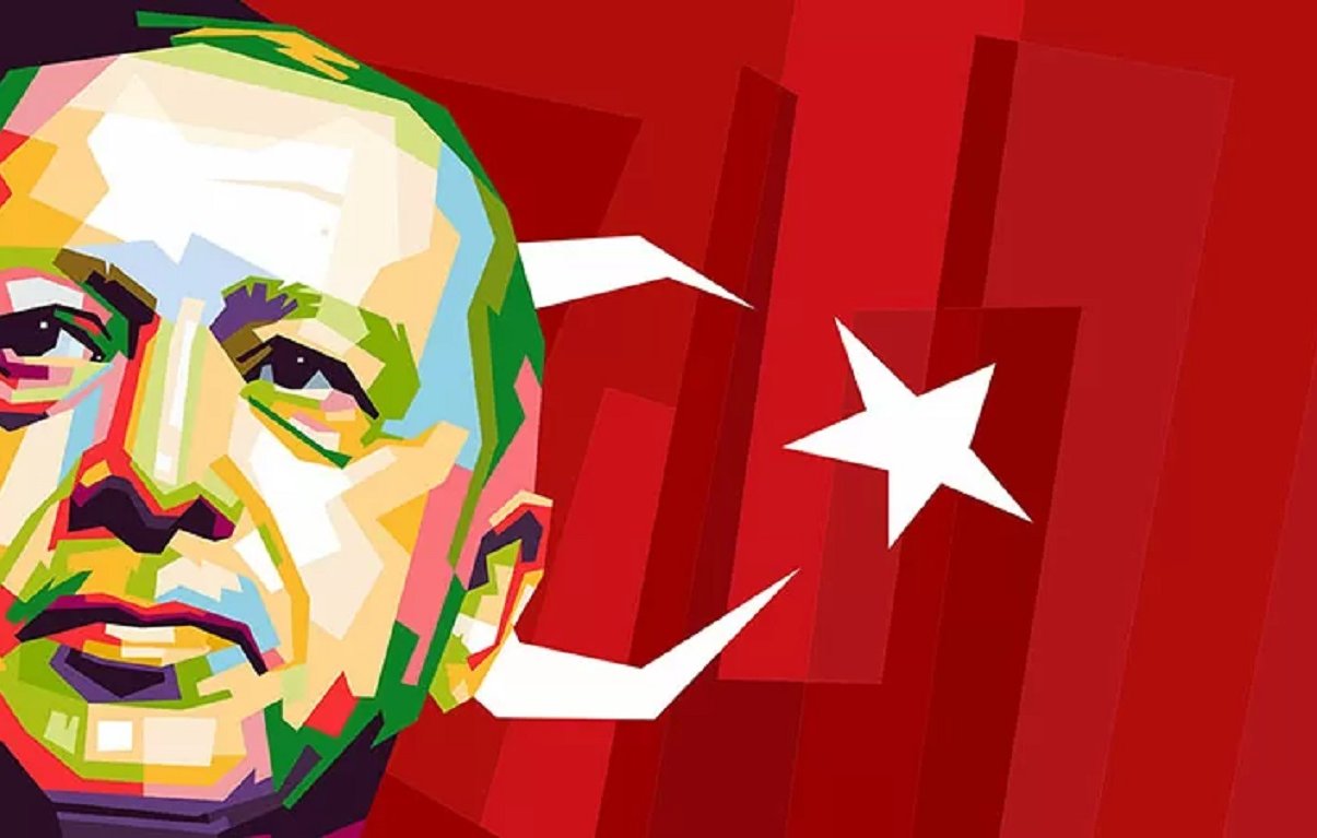 L'image présente un portrait stylisé d'un homme, avec un style artistique rappelant le pop art, dans des couleurs vives et contrastées. En arrière-plan, on peut voir le drapeau de la Turquie, qui est rouge avec une étoile et un croissant de lune blancs. L'ensemble de la composition donne une impression dynamique et moderne, mettant en avant des traits expressifs du visage.