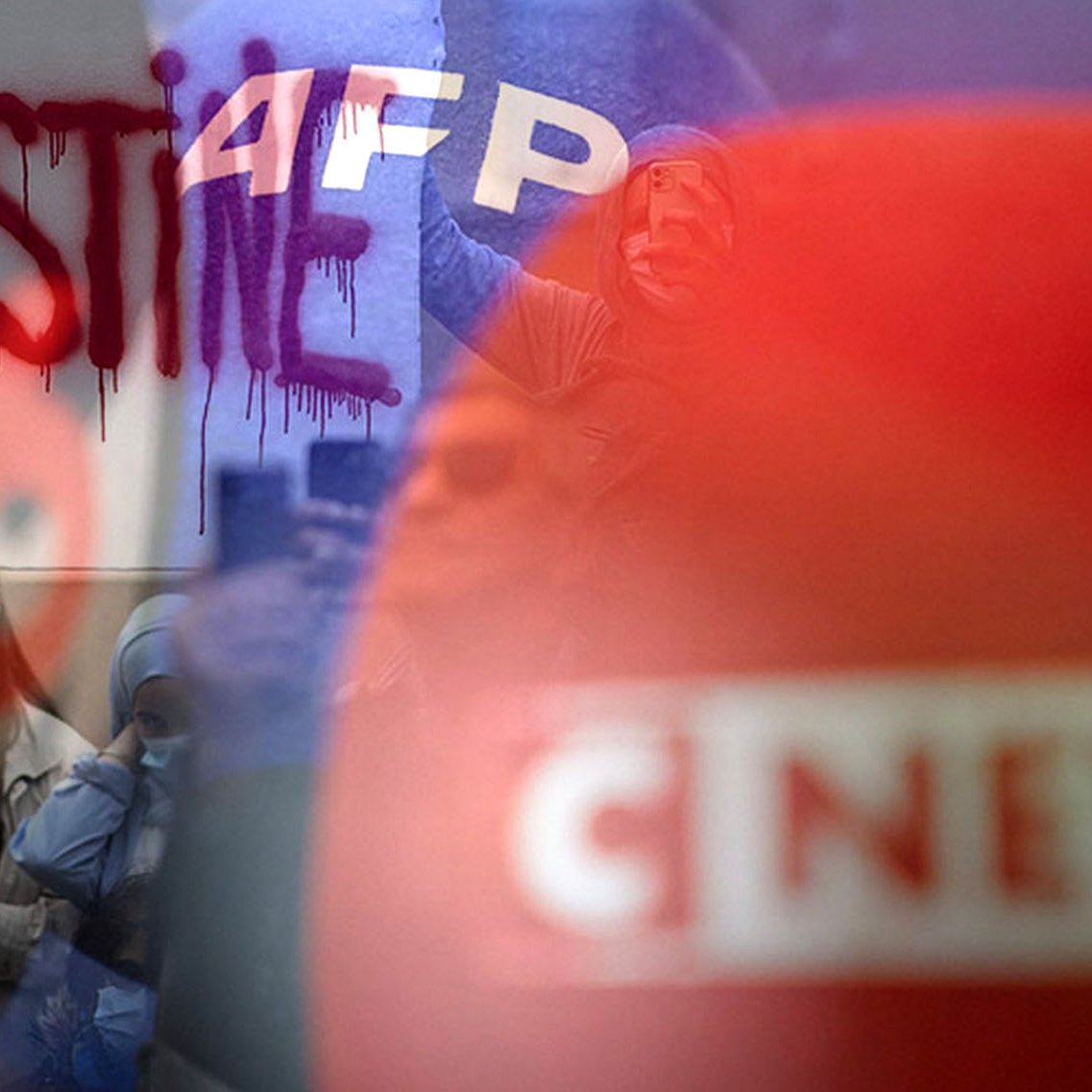 The image appears to depict a scene related to a protest or demonstration. In the background, there is graffiti that reads "PALESTINE," likely expressing support for Palestinian causes. The foreground shows blurred elements, possibly including news coverage or media logos, indicating that the event is being reported. The overall composition suggests a focus on social or political issues, drawing attention to the situation in Palestine alongside media presence.