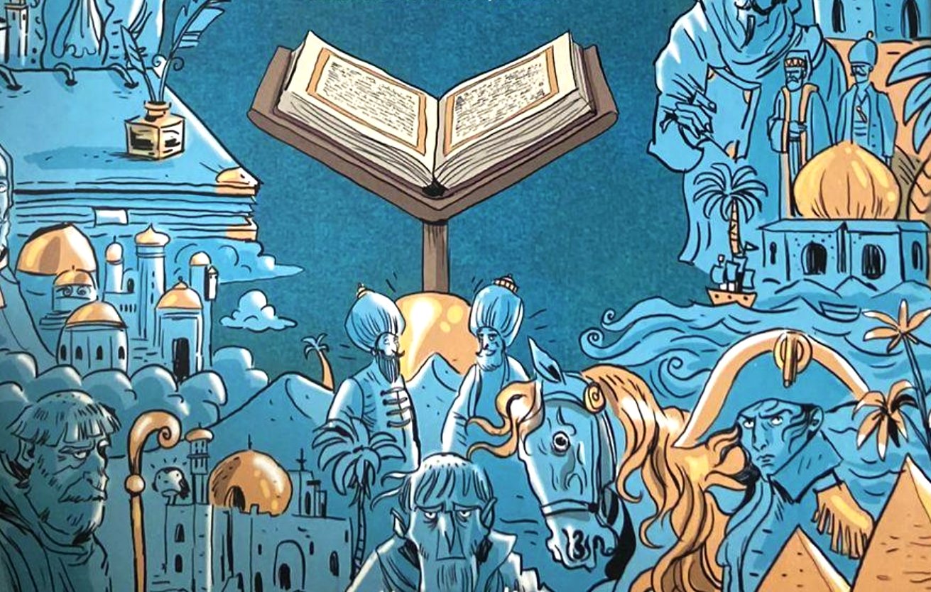 Illustration colorée avec un livre ouvert, entouré de personnages et de paysages historiques.