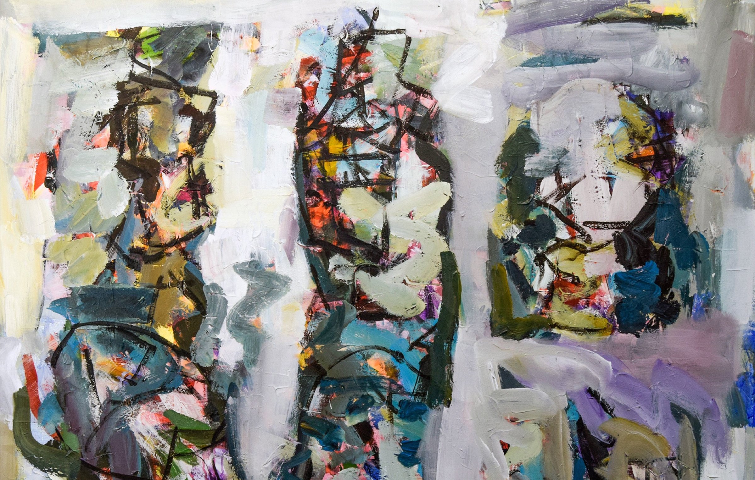 Cette image représente une œuvre abstraite avec des formes et des couleurs dynamiques. On peut y voir des traits sombres qui se croisent, créant une sorte de structure ou de silhouette floue. Les couleurs utilisées, comme des nuances de vert, bleu, violet, et touches de rouge, se mélangent et offrent une impression de mouvement et de chaos. L'ensemble dégage une atmosphère énergique et expressive, typique de l'art abstrait.