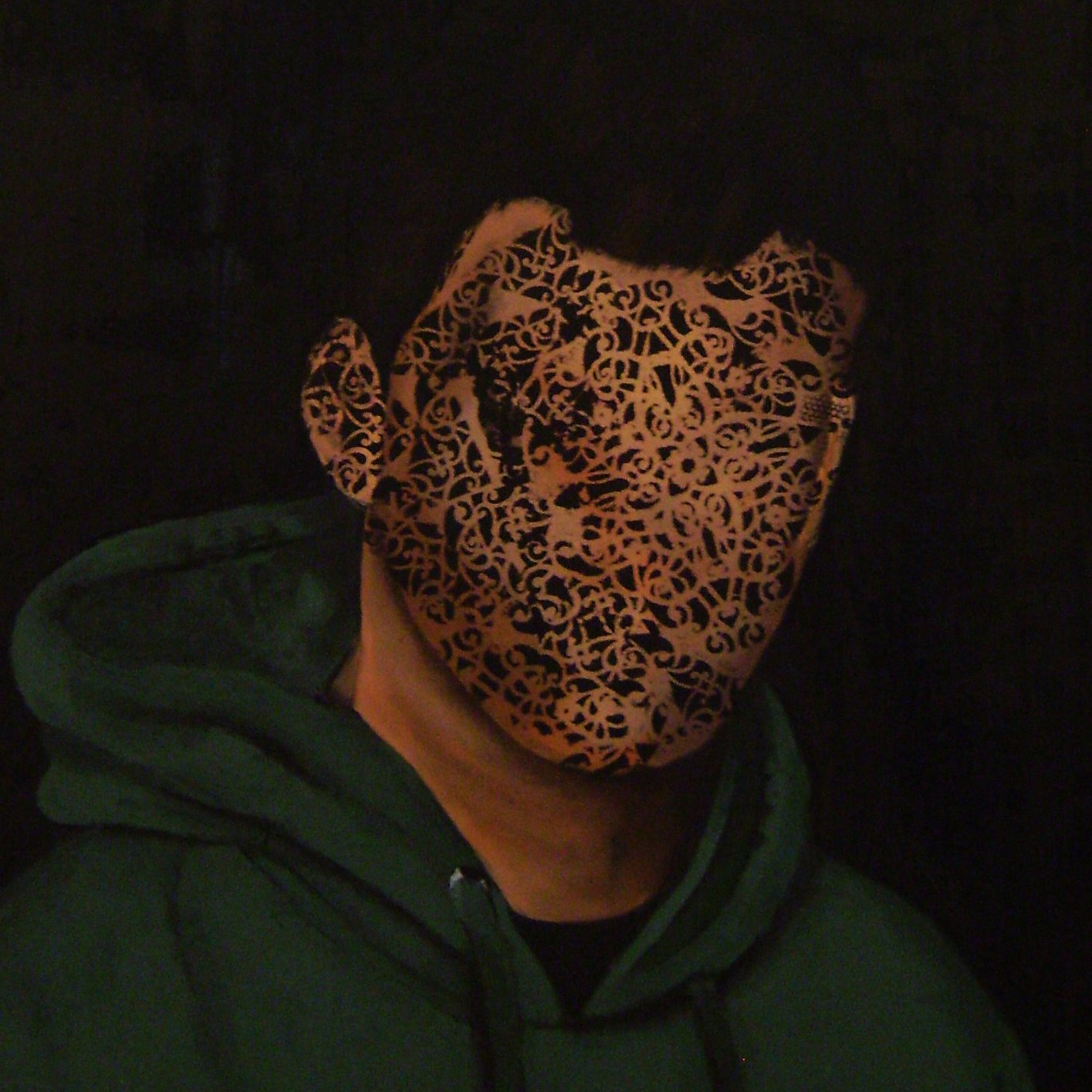L'image montre un portrait d'une personne avec un visage obscurci par un motif complexe en noir et doré. La personne porte un sweat à capuche vert. L'arrière-plan est sombre, ce qui met en évidence le contraste entre le visage décoratif et le reste de l'image. L'aspect du visage semble à la fois mystérieux et artistique, créant une impression intrigante.