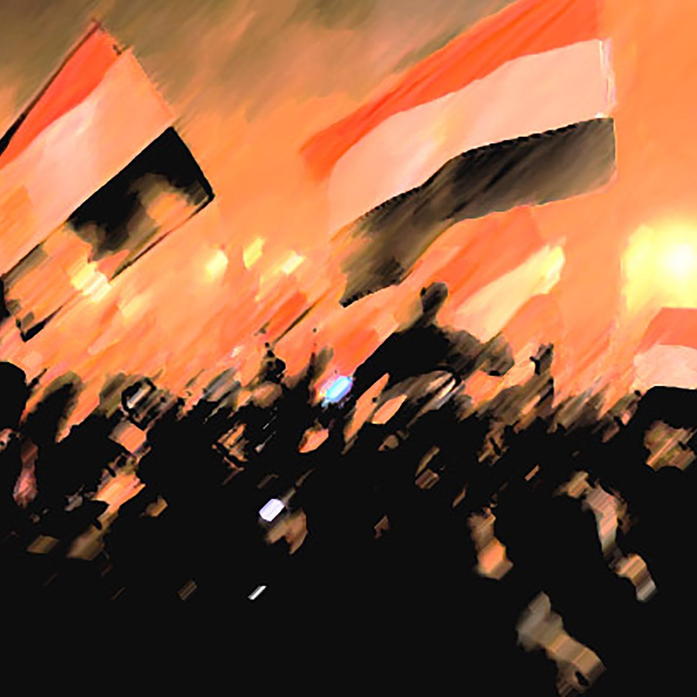 الصورة تظهر مجموعة كبيرة من الأشخاص يحملون الأعلام. الأعلام تحمل ألواناً تقليدية، ربما تعود لدولة معينة، وتبدو الأجواء مشحونة بالعاطفة. الخلفية ملوّنة بلون دافئ، مما يضفي شعوراً بالحماس والتجمع. الرؤية غير واضحة بشكل كامل، مما يعكس حيوية اللحظة.