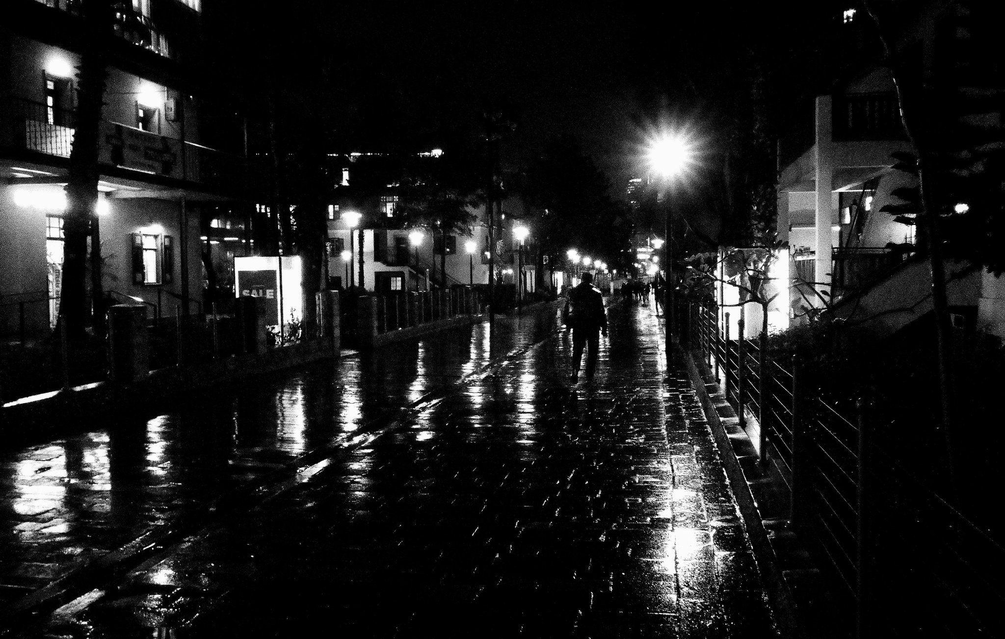 L'image montre une rue mouillée de nuit, éclairée par des lampadaires. Le sol reflète la lumière, créant un effet brillant. On peut voir quelques personnes marchant sur le trottoir, tandis que des bâtiments se dressent de chaque côté, illuminés par des lumières. L'atmosphère semble calme et sereine, typique d'une soirée de pluie.