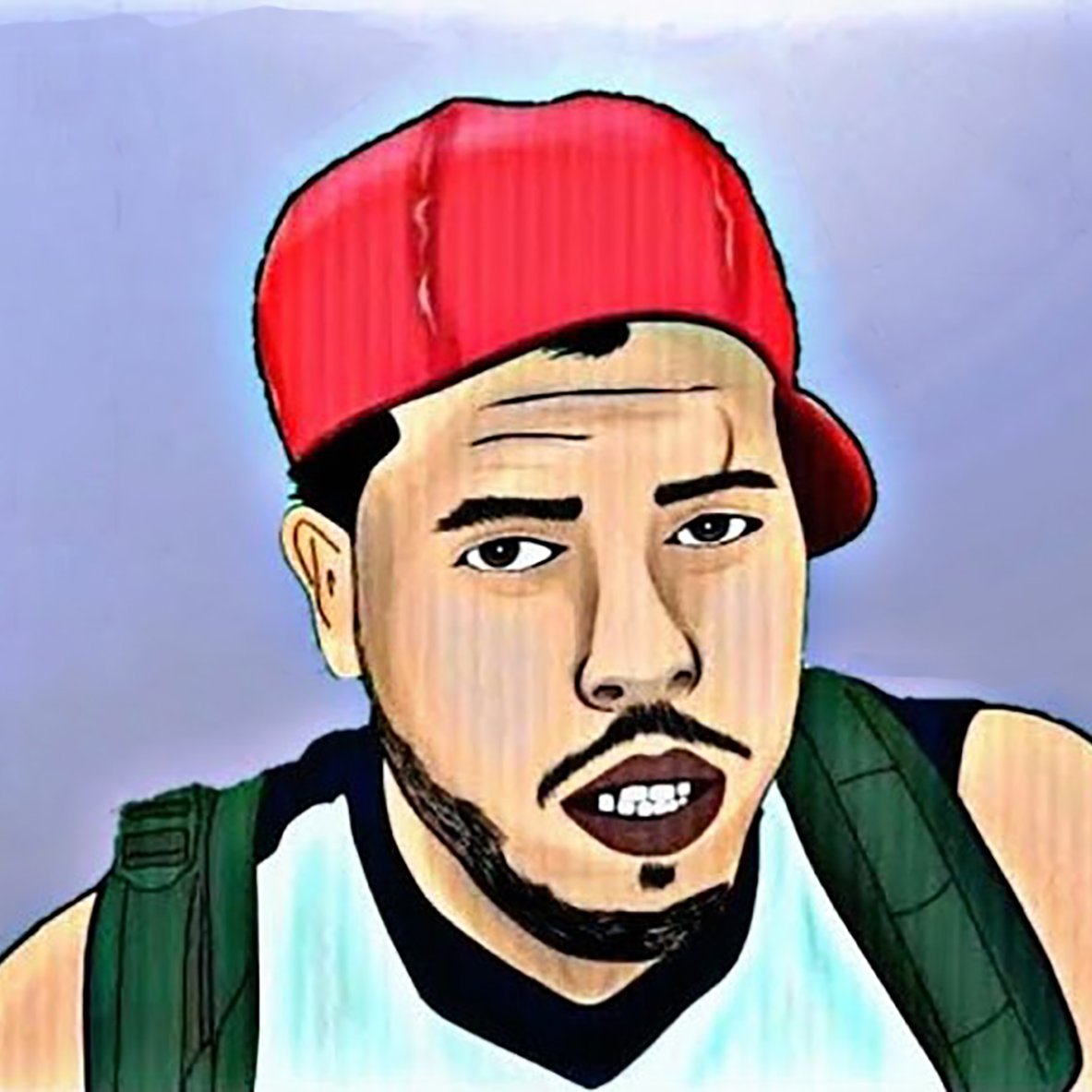 L'image représente un personnage dessiné, portant une casquette rouge à l'envers et une chemise sans manches. Il a une expression sérieuse, avec les lèvres légèrement entrouvertes, et une barbe de quelques jours. Son dos est orné d'un sac à dos. Le fond de l'image est d'une teinte douce, ce qui met en avant le personnage.