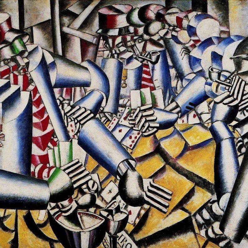 Cette image représente une scène dynamique et complexe, typique du style cubiste. On y voit plusieurs figures humaines, dotées de formes géométriques angulaires, interagissant les unes avec les autres. Les personnages semblent être engagés dans un jeu ou une activité sociale, et leurs postures évoquent un mouvement et une tension. Les couleurs utilisées sont principalement des tons de bleu, de rouge et de jaune, créant un contraste vibrant. Le fond abstrait renforce la profondeur de la composition, tandis que les traits manipulés et les formes stylisées soulignent l'influence cubiste de l'œuvre.