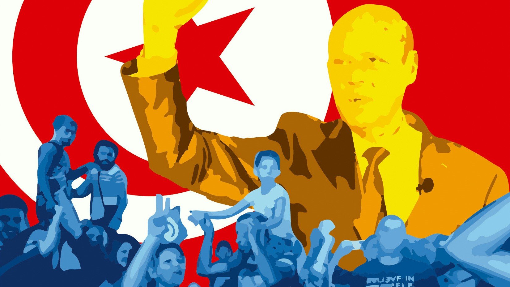 L'image représente une scène vibrante avec des couleurs vives. En arrière-plan, on voit le drapeau tunisien, affichant son étoile et son croissant emblématiques sur un fond rouge. Au premier plan, une figure centrale semble saluer, ajoutant une dynamique au tableau. Des silhouettes de personnes expriment des émotions de joie et d'engagement, ce qui suggère un moment de rassemblement ou de célébration. L'ensemble de la composition évoque un sentiment d'unité et de patriotisme.