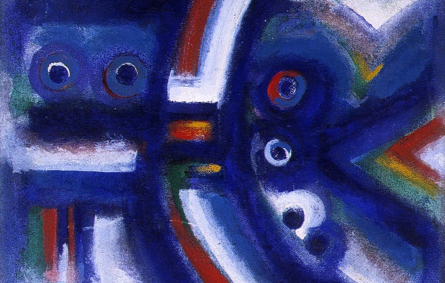 L'image présente une œuvre abstraite, dominée par des nuances de bleu, de rouge et de blanc. On peut observer des formes géométriques et des cercles qui créent un mouvement dynamique dans la composition. Les couleurs s'entrelacent et se superposent, donnant une impression de profondeur et d'énergie. C'est une représentation visuelle qui invite à l'interprétation personnelle et évoque des émotions variées.