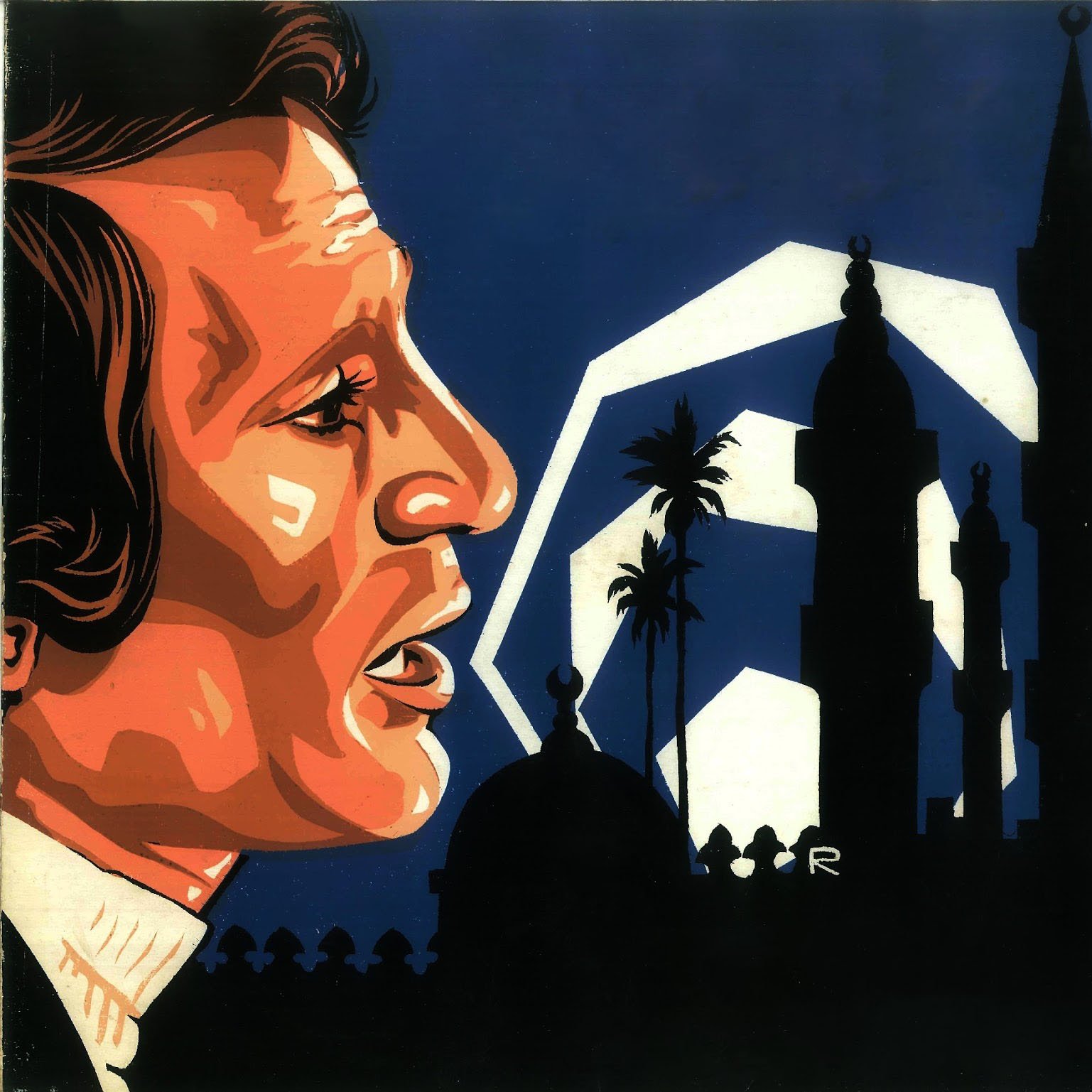 L'immagine presenta un ritratto stilizzato di un uomo, caratterizzato da tratti ben definiti e un'espressione intensa. Sullo sfondo si trovano delle silhouette di edifici e minareti, con palme che aggiungono un tocco esotico. L'uso di colori forti, principalmente arancioni e blu, crea un contrasto notevole, conferendo all'immagine un'atmosfera vibrante e quasi nostalgica. Il design sembra avere uno stile grafico, simile a un poster.