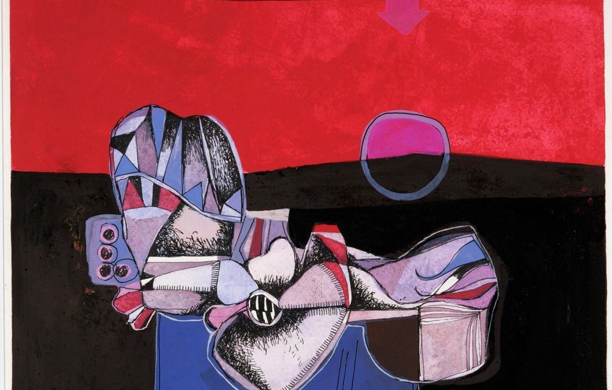 L'image présente une composition abstraite aux couleurs vives, dominée par des teintes rouges, noires et bleues. On peut observer des formes géométriques et des silhouettes stylisées, notamment une figure centrale aux formes organiques qui paraît être en mouvement. Des éléments graphiques, comme un cercle et une flèche, ajoutent une dimension dynamique à l'ensemble. Le contraste entre les couleurs et les formes crée une atmosphère intrigante et expressive.